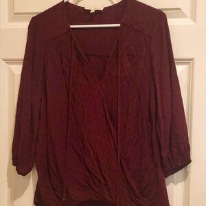 &. Layered silky burgundy faux-wrap hi-lo blouse size M